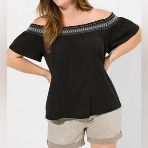 Torrid Cotton Modal Jersey Women Off Shoulder Smocked Yoke Top Black Size 2